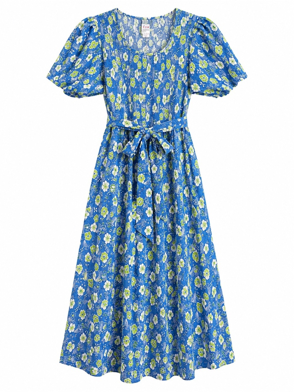 T-C Women’s Vintage Blue Floral Midi Dress With Belt - Cottagecore Style Size: M
